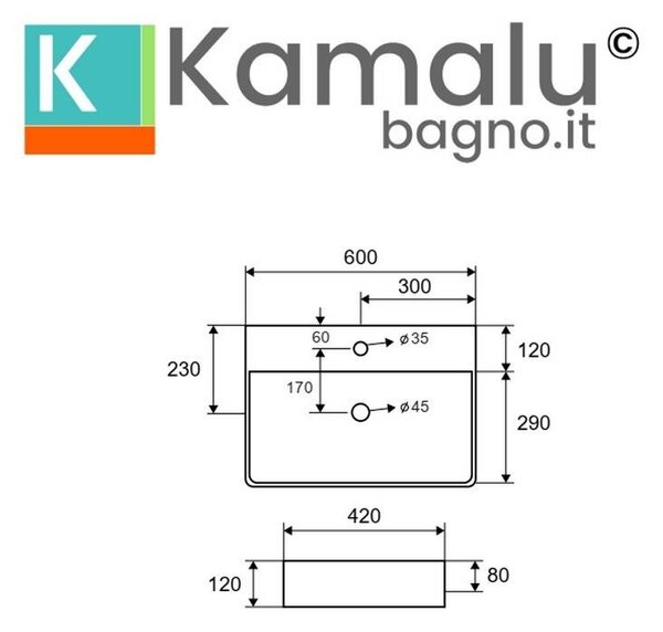 Kamalu lavabo appoggio filo muro 60cm ceramica bianca | litos-0005