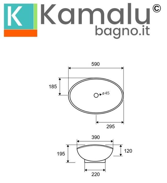 Kamalu lavabo da appoggio design a bacinella in ceramica bianca 59cm | litos-359b