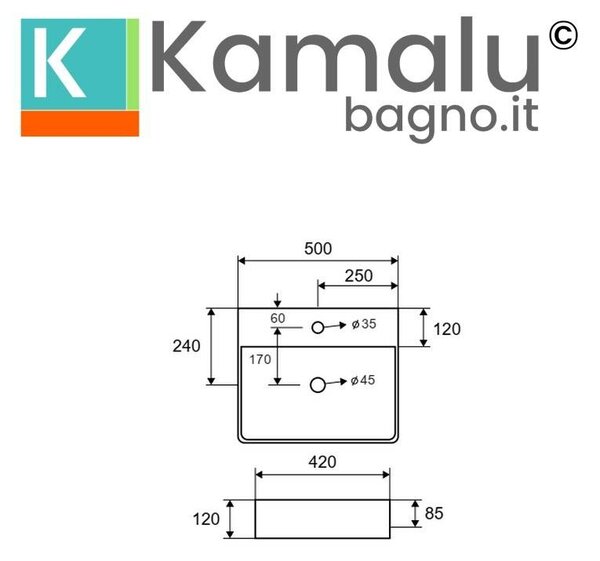 Kamalu lavabo bagno da appoggio 50cm ceramica bianco lucido | litos-0006