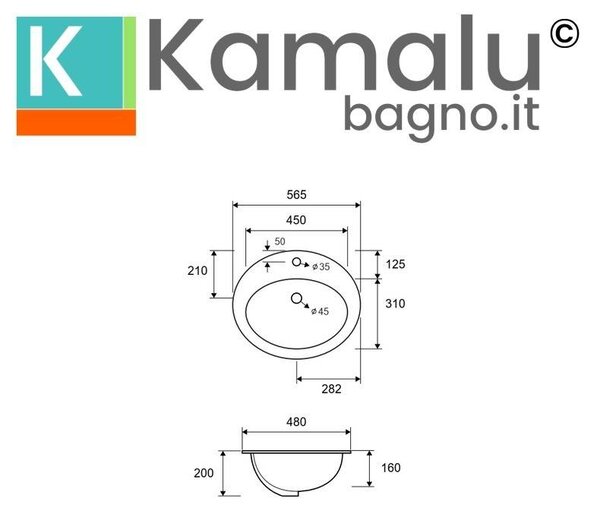 KAMALU - Lavabo da incasso soprapiano 56.5cm ceramica bianca | Litos-655