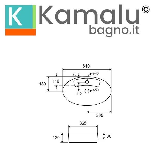 Kamalu lavabo appoggio ovale bianco 61cm ceramica slim | litos-0012