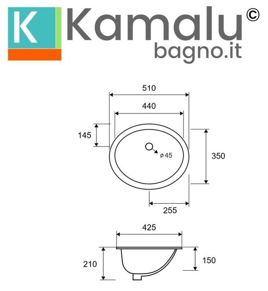 KAMALU - Lavabo sottopiano ovale 51cm in ceramica bianca | Litos-S650