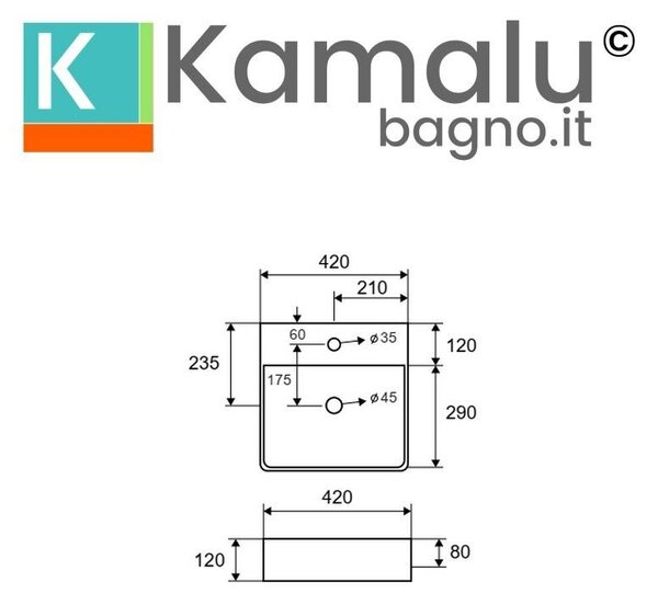 Kamalu lavabo da appoggio quadrato 42cm in ceramica bianca |litos-0007
