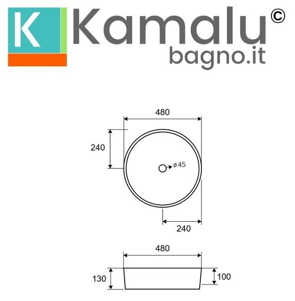 Kamalu lavabo da appoggio tondo 48cm ceramica bianca | litos-0010