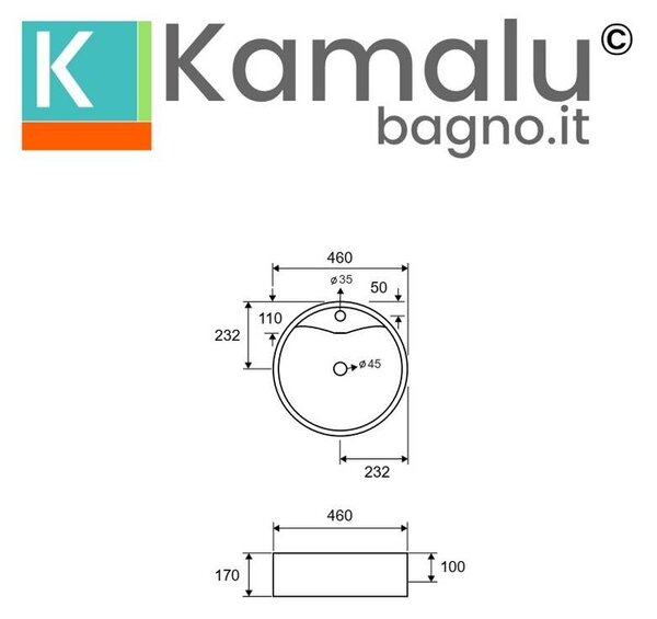 Kamalu lavabo rotondo da appoggio diametro 46cm in ceramica bianca | litos-446