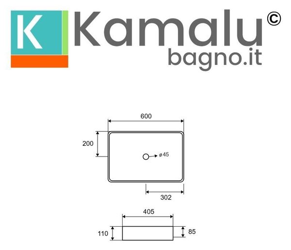 Kamalu lavabo appoggio rettangolare in ceramica slim bianca | litos-0001
