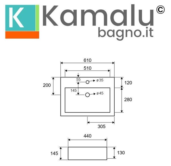 Kamalu lavabo da appoggio 61cm rettangolare in ceramica bianca | litos-260