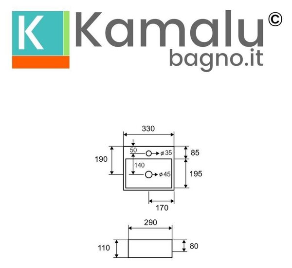 Kamalu lavabo piccolo da appoggio 33 cm in ceramica bianca | litos-233