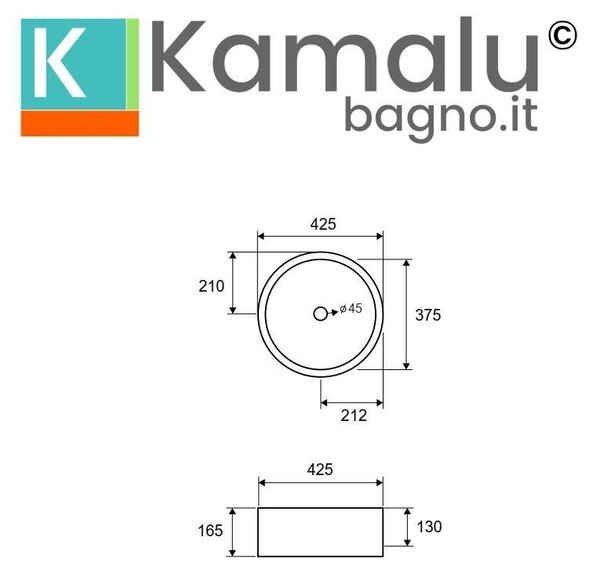 Kamalu lavabo design da appoggio rotondo 42cm in ceramica bianca lucida | litos-342