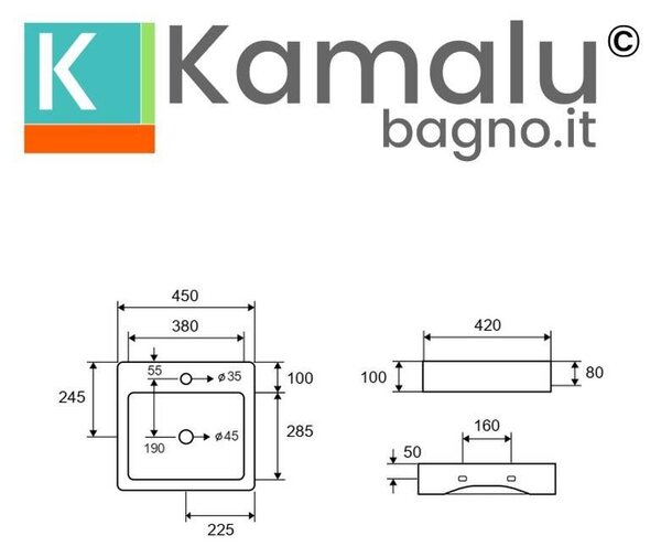 Kamalu lavandino bagno design piccolo 45cm in ceramica bianca |litos-540
