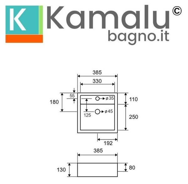 Kamalu lavandino da appoggio piccolo 38,5 cm quadrato bianco | litos-241