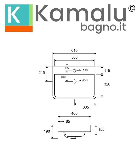 Kamalu lavabo semi incasso rettangolare bianco | litos-460