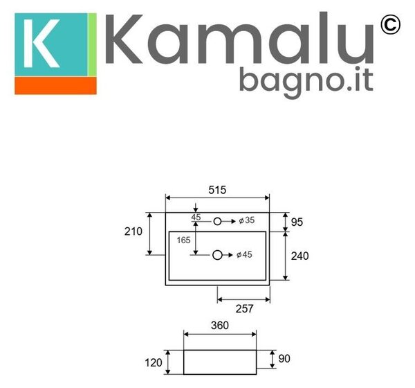 Kamalu lavandino da appoggio rettangolare in ceramica bianca | litos-250