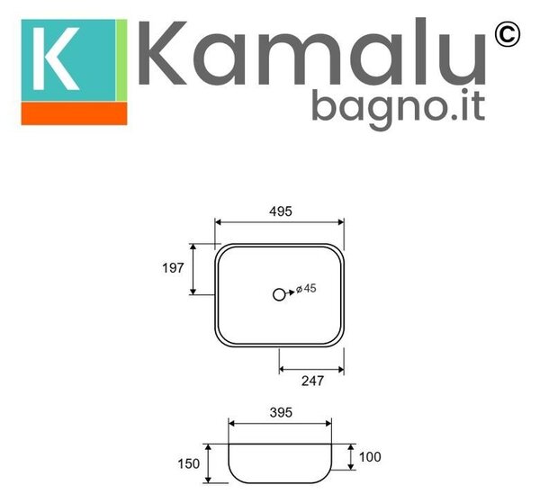 Kamalu lavabo appoggio ceramica bianca slim con linee arrotondate | litos-0014