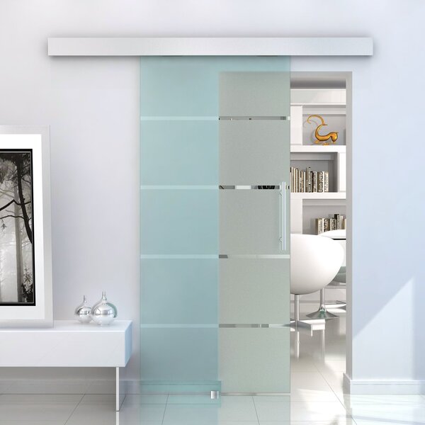 Porta Scorrevole Vetrata 102,5x205 cm Satinata a Strisce Trasparenti