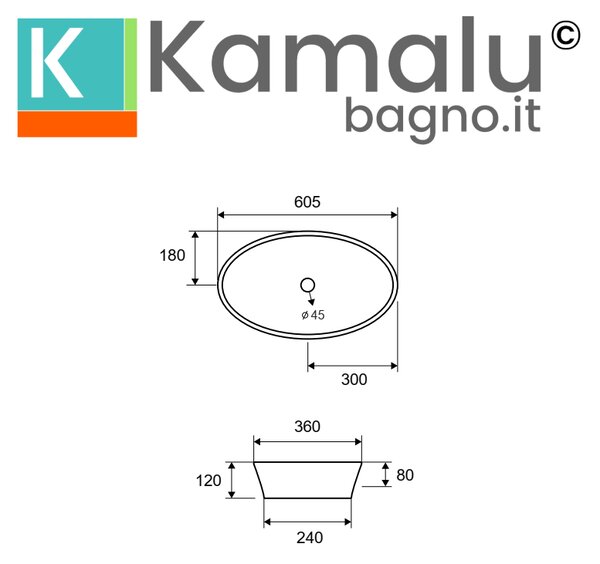 Kamalu lavabo ovale 60cm in ceramica slim bianca | litos-0016