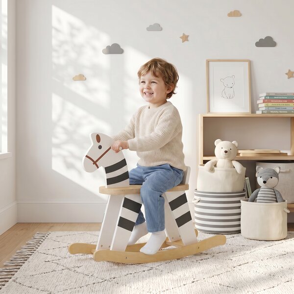 Cavallo a Dondolo per Bambini 1,5-3 Anni 68x26x53 cm con Base Larga in Legno MDF e Multistrato Multicolore