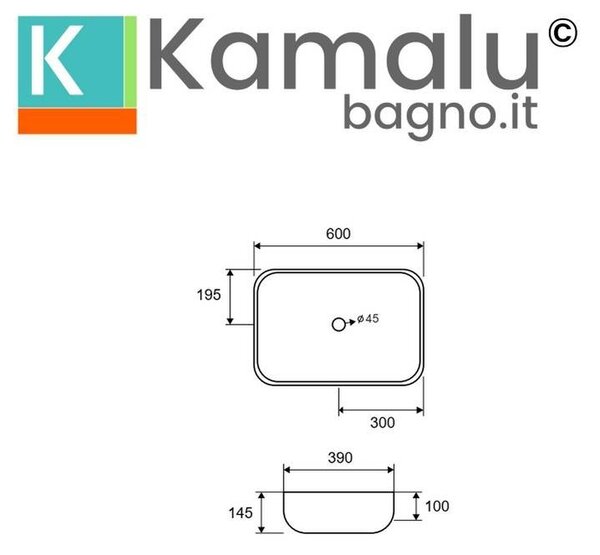Kamalu lavabo da appoggio rettangolare colore bianco opaco 60cm | mil-lb