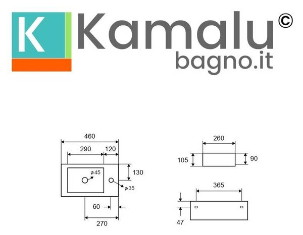 Kamalu lavabo bagno piccolo 46 cm con design foro miscelatore a destra | litos-s50