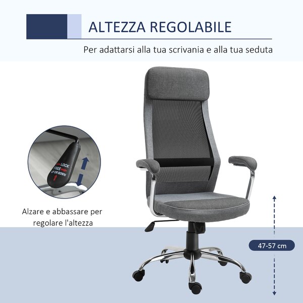 Vinsetto Sedia da Ufficio Ergonomica Girevole con spessa imbottitura e rivestimento in tessuto, Altezza Regolabile e Dondolamento,Grigio| Aosom Italy