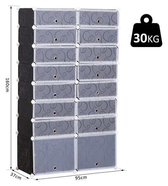 Homcom Scarpiera fai da te 16 Cubi Guardaroba Modulare Scarpiera Cubi, Bianco e Nero in Plastica, a 6 Ripiani 2 Righe 95 x 37 x 160cm|Aosom