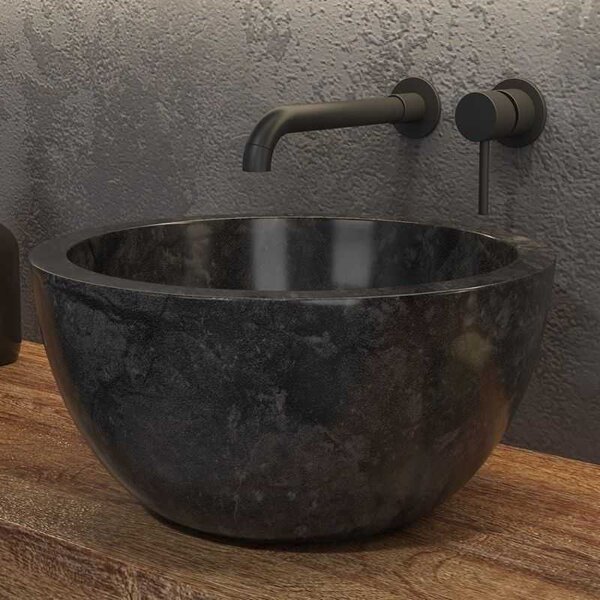 Kamalu lavabo bagno design a ciotola in marmo nero 40cm | litos-ln40