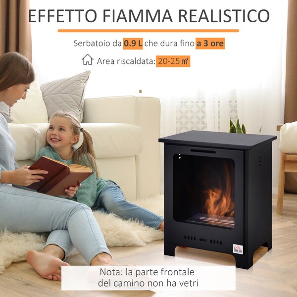 Homcom Camino a Bioetanolo Efficiente 1.5L in Acciaio Senza Canna Fumaria, fino a 0.9 L e a 3 ore , 40 x 30 x 50 cm, Nero | Aosom Italy