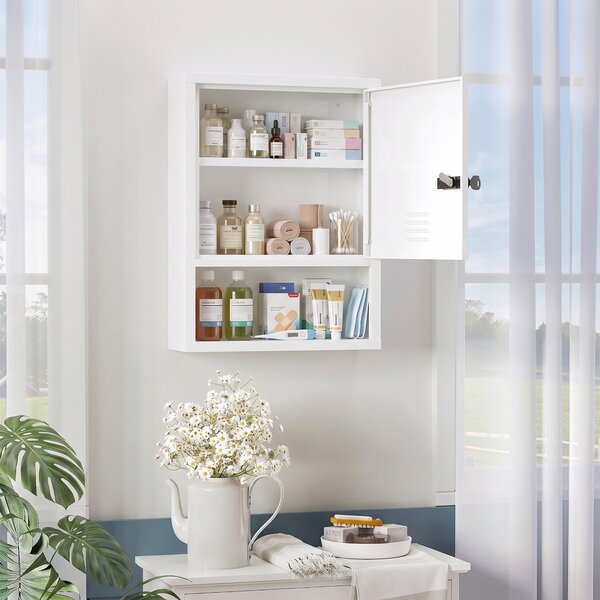 Armadietto Porta Medicinali da Parete 40x15x60 cm a 3 Ripiani con Chiave Anta Ventilata e Vani Portaoggetti in Acciaio Laminato Bianco
