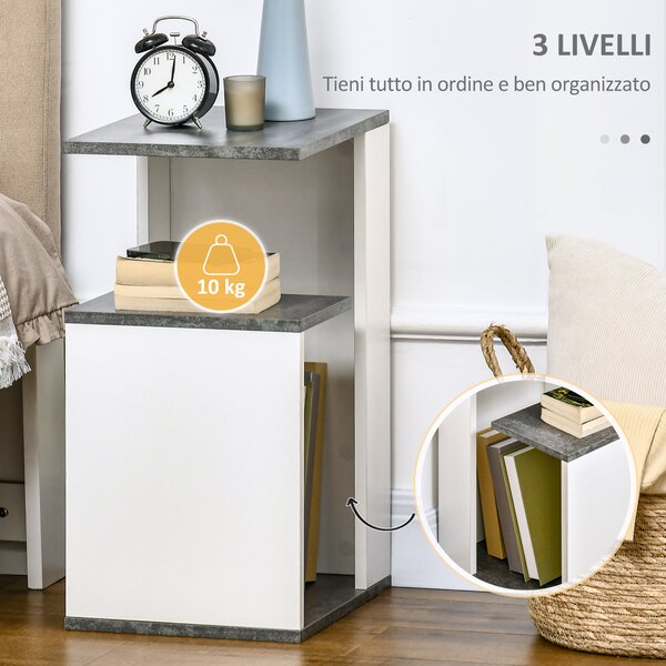 HOMCOM Comodino Bianco con Ripiano Aperto Design Irregolare in Legno, Comodino Camera da Letto, 35x29.5x60cm, Grigio e Bianco | Aosom Italy