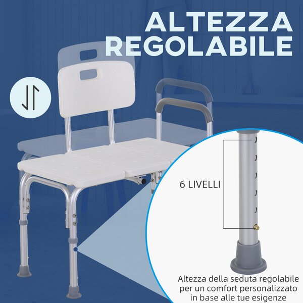 Homcom Sedia da Doccia con Altezza Regolabile su 6 Livelli, Piedini e Bracciolo Antiscivolo, Ampia Seduta (68.5x40.5cm)|Aosom