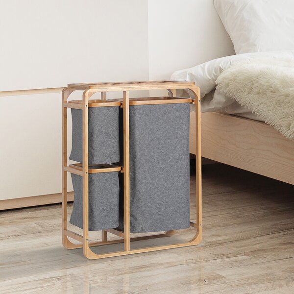 HOMCOM Cesto Portabiancheria con 3 Scomparti Estraibili in Tessuto e Bambù, 50x32x69.7cm|Aosom
