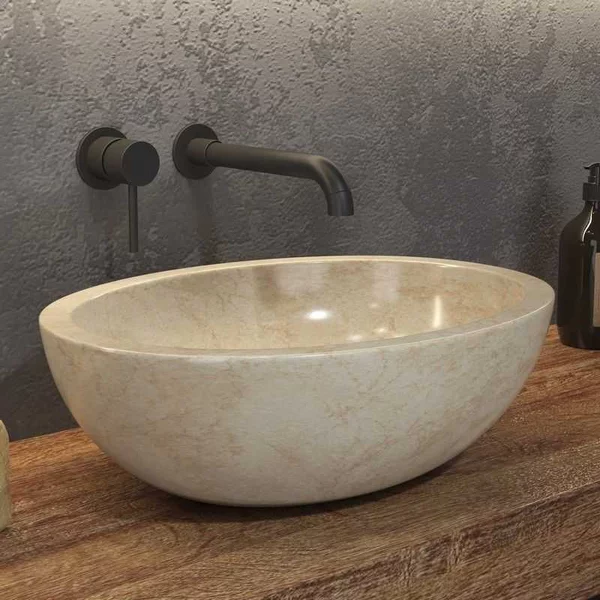 Lavabo bagno design ovale in marmo beige 45cm | Litos-LEC40 - KAMALU