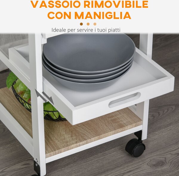 HOMCOM Carrello da Cucina salvaspazio in legno MDF bianco: 1 cassetto, 1 cestello, 2 vassoi, ripiano e 4 ruote, 37 x 37 x 82cm|Aosom