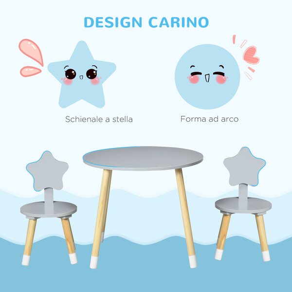 Set con Tavolo per Bambini e 2 Sgabelli Salvaspazio con schienale a forma di stella, per 18 mesi a 4 anni, in MDF e legno,Grigio |Aosom Italy