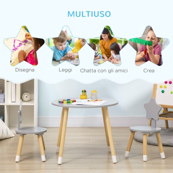 Set con Tavolo per Bambini e 2 Sgabelli Salvaspazio con schienale a forma di stella, per 18 mesi a 4 anni, in MDF e legno,Grigio |Aosom Italy