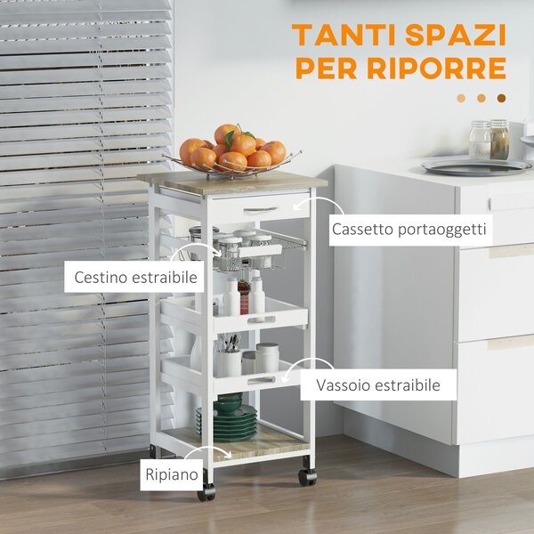 HOMCOM Carrello da Cucina salvaspazio in legno MDF bianco: 1 cassetto, 1 cestello, 2 vassoi, ripiano e 4 ruote, 37 x 37 x 82cm|Aosom