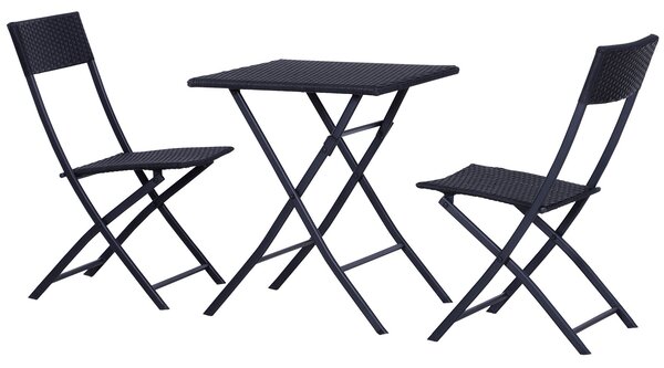 Set Tavolino e 2 Sedie Pieghevoli da Giardino in Rattan Sintetico Nero