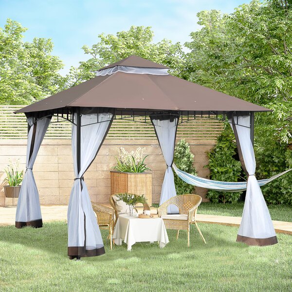 Outsunny Gazebo da Giardino con Zanzariera, Tetto a 2 Livelli e Struttura in Metallo, 3x3 m, Marrone | Aosom Italy