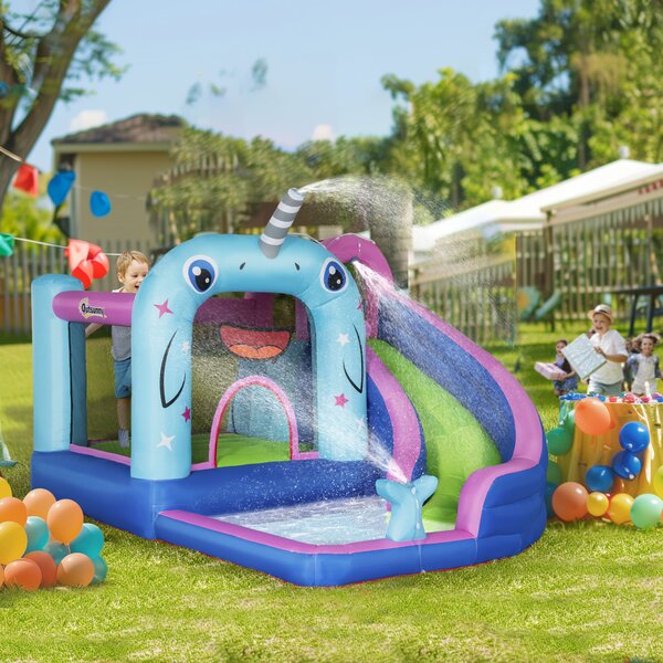 Outsunny Gioco Gonfiabile per Bambini 3-8 Anni a Tema Narvalo con Borsa, 11 Paletti e Toppe Inclusi, 330x280x200 cm | Aosom Italy
