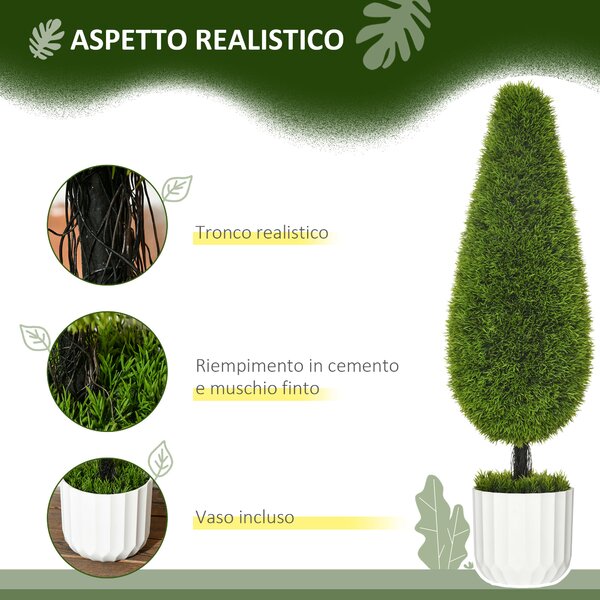 HOMCOM Set 2 Piante Finte di Cipresso con Vasi Ø12x16 cm, Muschio e Cemento, in PE e Plastica, Verde e Bianco|Aosom