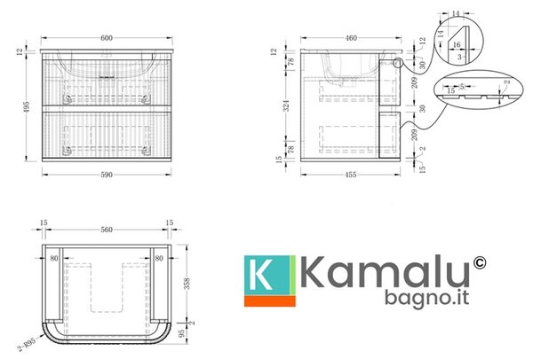 Mobile bagno 60 cannettato con lavabo solid stone | KAM-ND60 - KAMALU