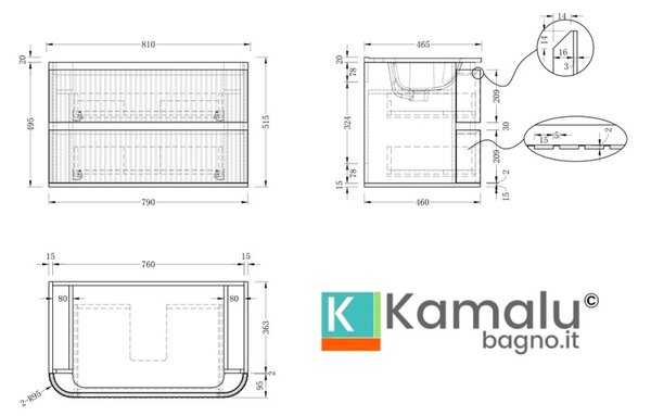 Kamalu mobile bagno 80 cannettato con lavabo solid stone | kam-nd80