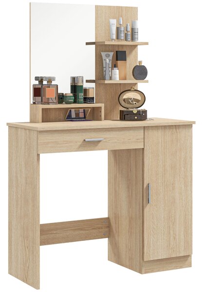 HOMCOM Tavolo per Trucco in Truciolato con Mobiletto, Cassetto, Ripiani Aperti e Specchio, 90x38x138 cm|Aosom