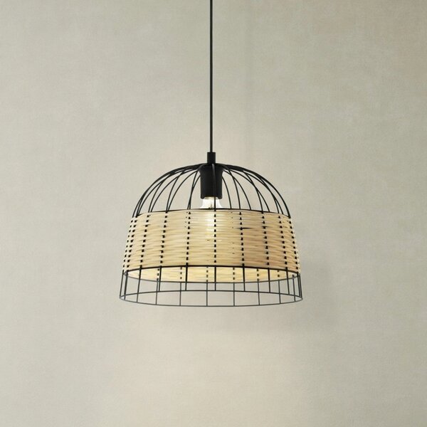 Sospensione Rustica-Country Anwick Metallo Nero E Rattan 1 Luce E27