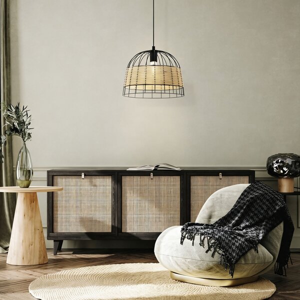 Sospensione Rustica-Country Anwick Metallo Nero E Rattan 1 Luce E27