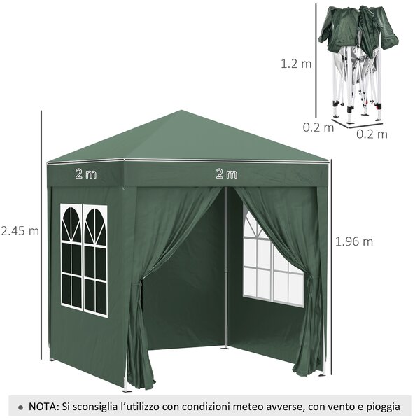 Outsunny Gazebo 2x2m Pieghevole con 4 Pareti Rimovibili e Borsa da Trasporto, in Metallo e Poliestere, Verde | Aosom Italy