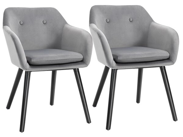 HOMCOM Set 2 Sedie Moderne Imbottite in velluto con Braccioli e Cuscino, telaio in metallo e gambe in legno, per Sala da Pranzo, Grigio| Aosom Italy