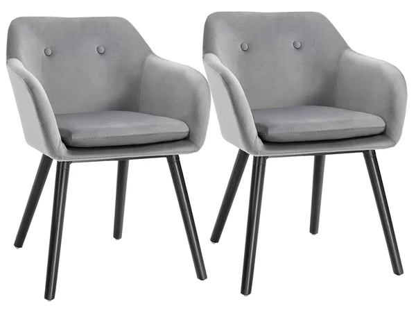 HOMCOM Set 2 Sedie Moderne Imbottite in velluto con Braccioli e Cuscino, telaio in metallo e gambe in legno, per Sala da Pranzo, Grigio| Aosom Italy