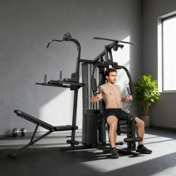 Palestra Multifunzione 250x183x213 cm con Sistema a Pulegge Panca Regolabile Pacco Pesi 69 kg e Cavi in Acciaio Nero