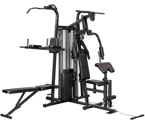 Palestra Multifunzione 250x183x213 cm con Sistema a Pulegge Panca Regolabile Pacco Pesi 69 kg e Cavi in Acciaio Nero